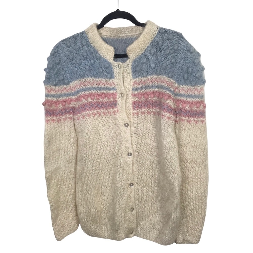Vintage Ivory Blue Pink Pom Pom Cardigan